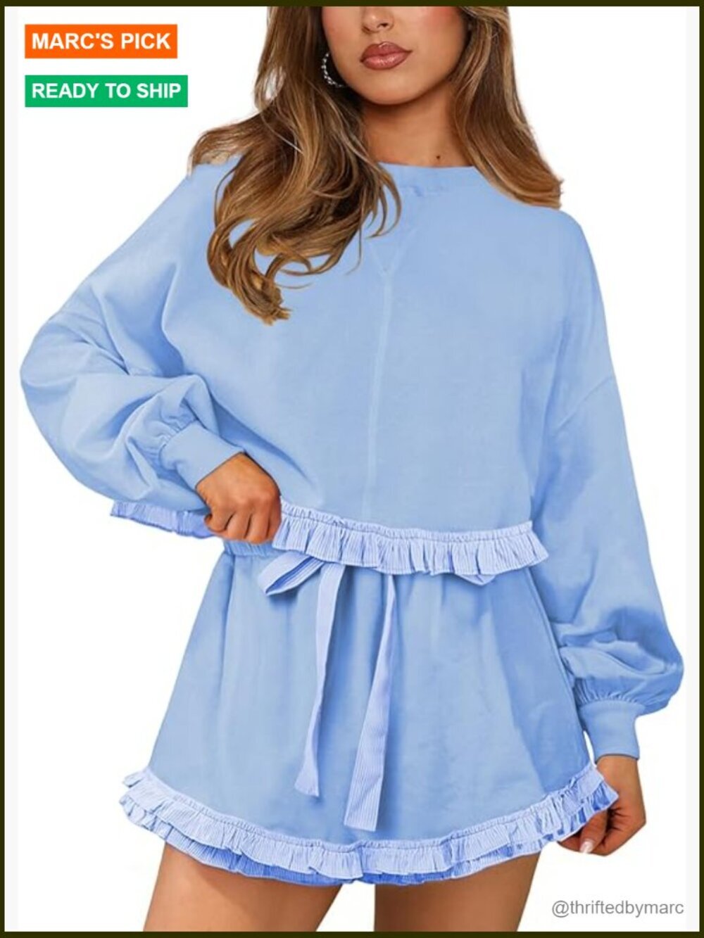 Long Sleeve Crewneck Sweatshirt and Ruffle Shorts Set, Lightweight Viscose Blend